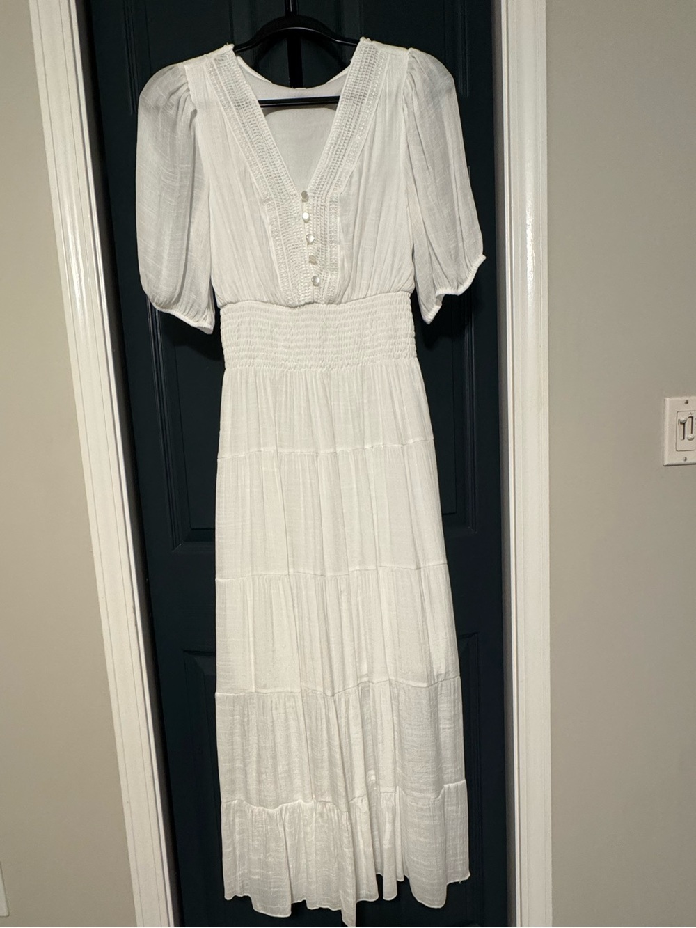 Smocked-Waist White Maxi Dress with Puff Sleeves